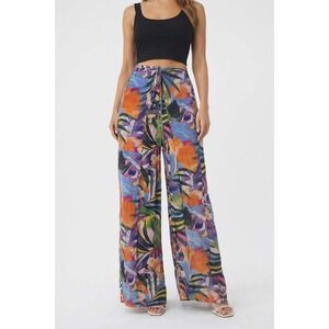 Kona Sol Tropical Floral Print Wide Leg Side Slit Coverup Pants Tie Front